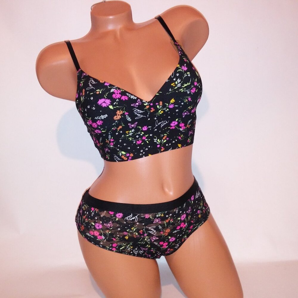 Victoria Secret PINK Bra Set XS Bralette Small Panty Push Up Hipster Black Flora